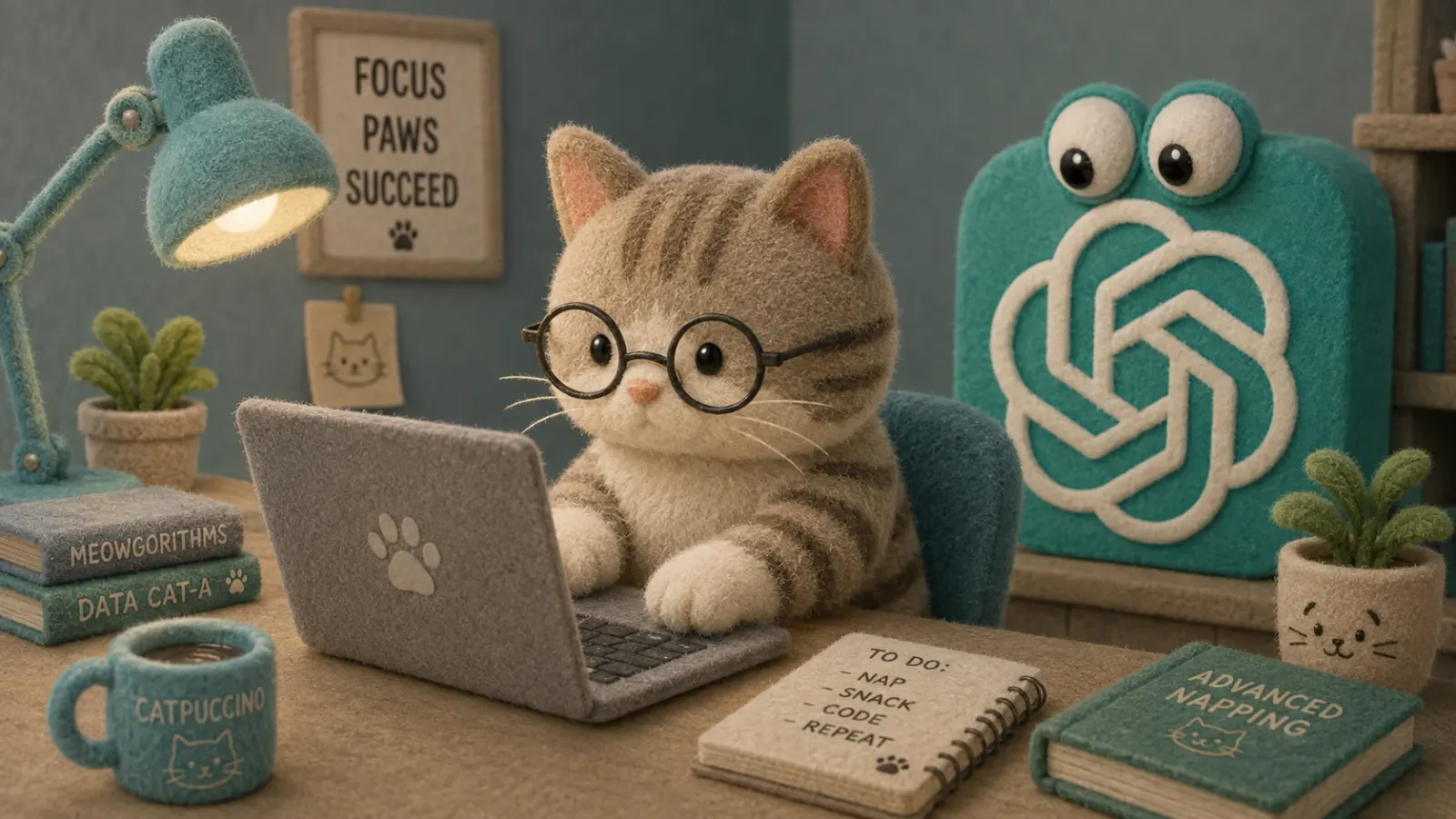 Un gato de fieltro programa en su laptop junto a una mascota con el logo de ChatGPT.