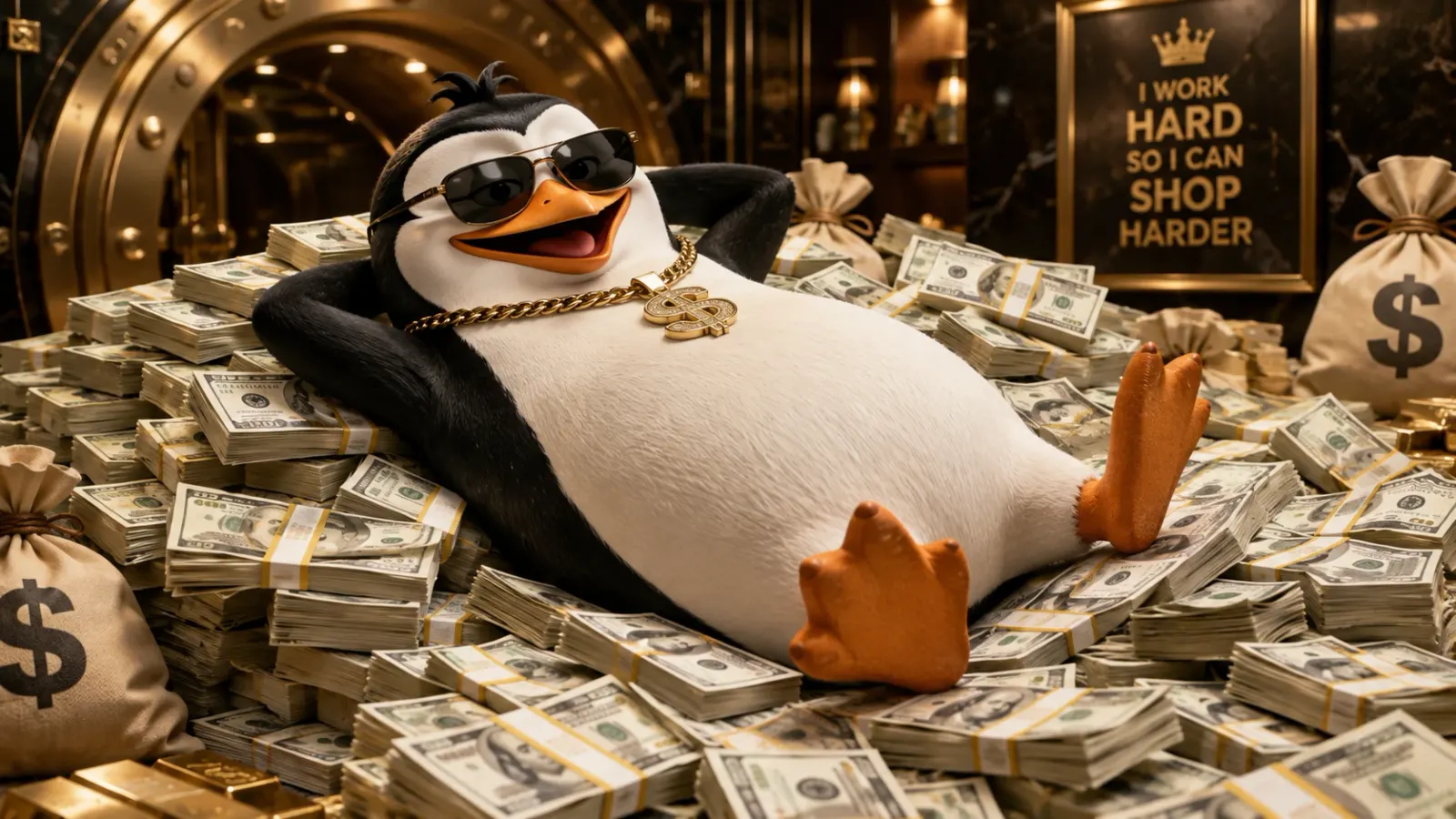 Un pingüino con gafas de sol descansa sobre pilas de billetes en una bóveda dorada.